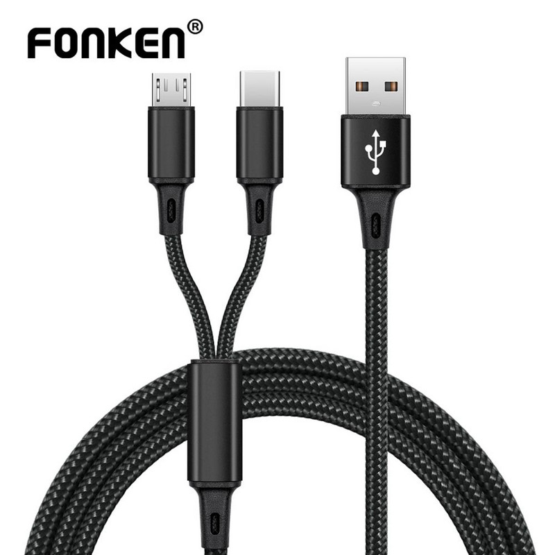 FONKEN 2 az 1-ben mikro USB kábel C típusú kábelek Gyorstöltő kábel Tablet telefon töltőkábel 2 az 1-ben nylon fonott Android vezetékek