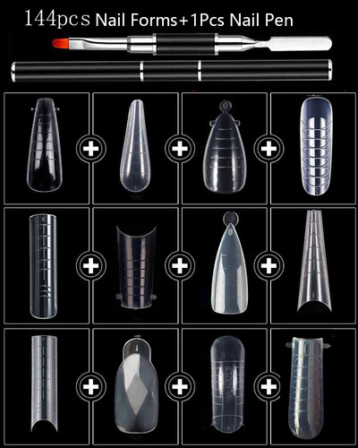 144 buc 12 tipuri Kit forme de unghii din plastic pentru unghii false Art Dual Form Sfaturi frantuzesti Mod extensie gel Set de instrumente pentru manichiura acrilice