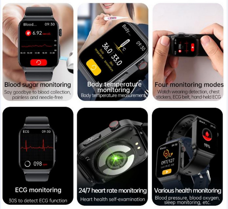 Inteligentné neinvazívne hodinky s viacerými režimami cvičenia, meraním hladiny glukózy v krvi, telesnej teploty, EKG, HRV a ďalšími monitorovacími údajmi 2022