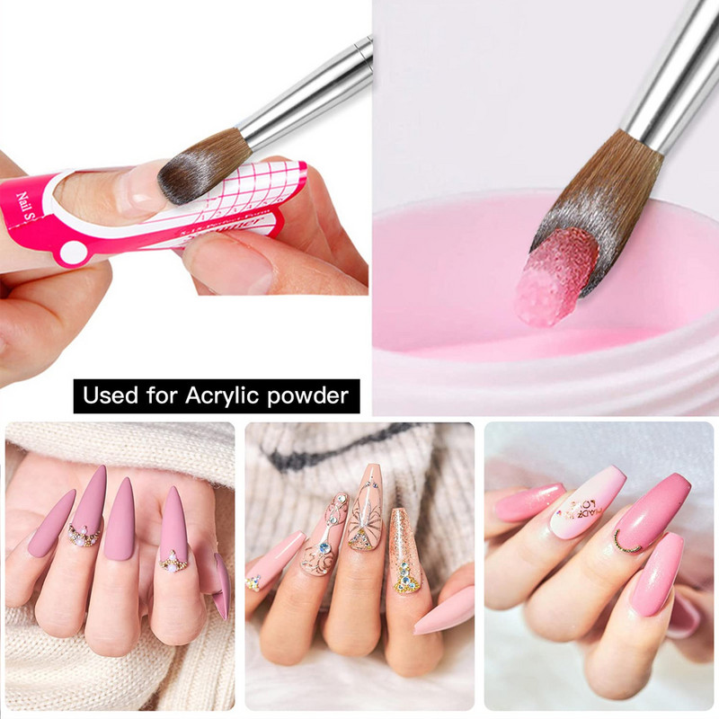 UsiDaer akrilna četka za nokte Kolinsky, drvena ručka i kristal od prirodne kose, alat za rezbarenje s metalnim krajem za crtanje na noktima