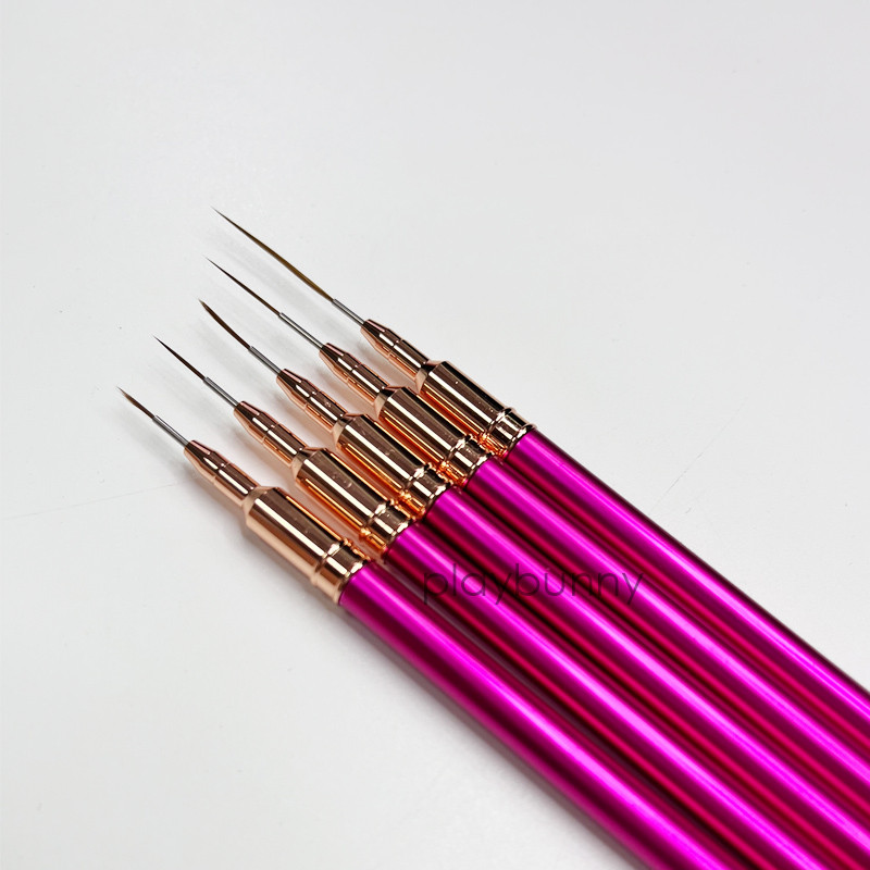Mâner din metal roz, căptușeli pentru arta unghiilor, perii cu dungi, instrument, desen, detalii, pictură, amestecare, perie pentru unghii.