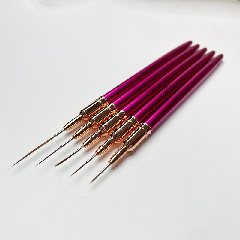 Mâner din metal roz, căptușeli pentru arta unghiilor, perii cu dungi, instrument, desen, detalii, pictură, amestecare, perie pentru unghii.