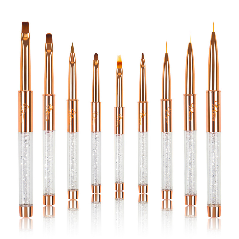 Set de perii de unghii cu gel UV BQAN Rose Gold, pix pentru pictura, perie acrilice pentru desen pentru unghii, mâner cu strass, instrument pentru arta unghiilor