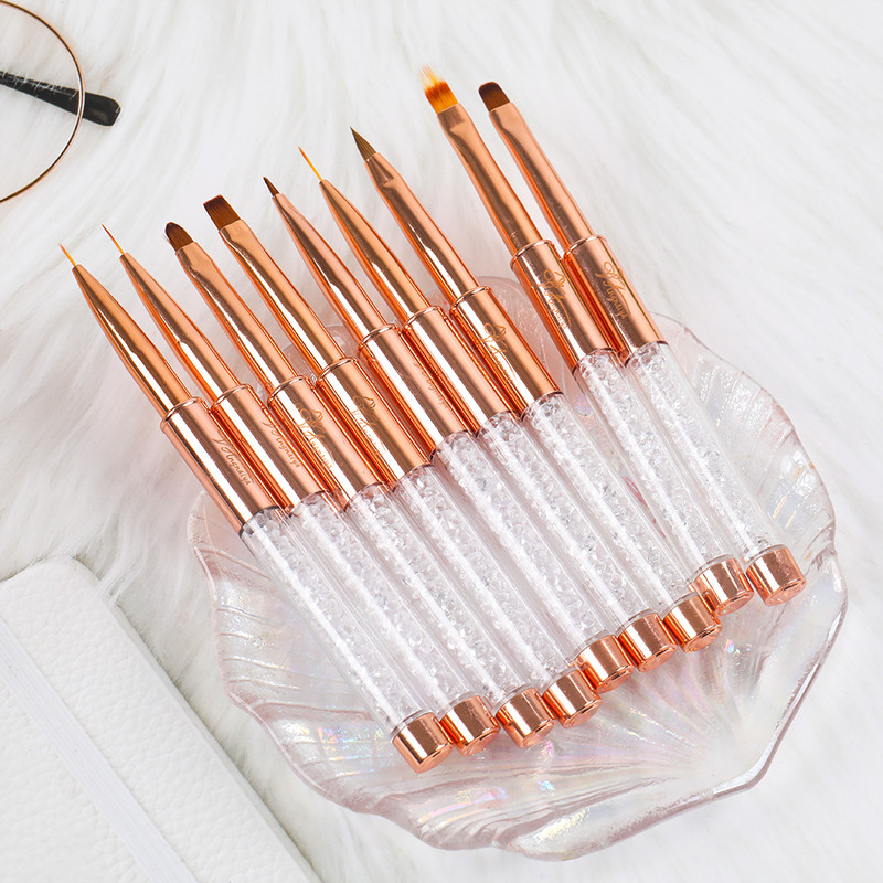 Set de perii de unghii cu gel UV BQAN Rose Gold, pix pentru pictura, perie acrilice pentru desen pentru unghii, mâner cu strass, instrument pentru arta unghiilor
