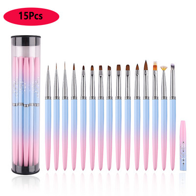 Set de 16 bucăți profesionale perii pentru arta unghiilor, perii acrilice pentru pictură 3D, cu carcasă, pixuri cu gel UV pentru desenul de linii, instrument de manichiură pentru designul unghiilor