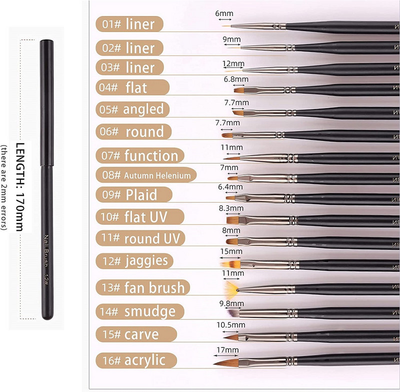 Set de 16 bucăți profesionale perii pentru arta unghiilor, perii acrilice pentru pictură 3D, cu carcasă, pixuri cu gel UV pentru desenul de linii, instrument de manichiură pentru designul unghiilor