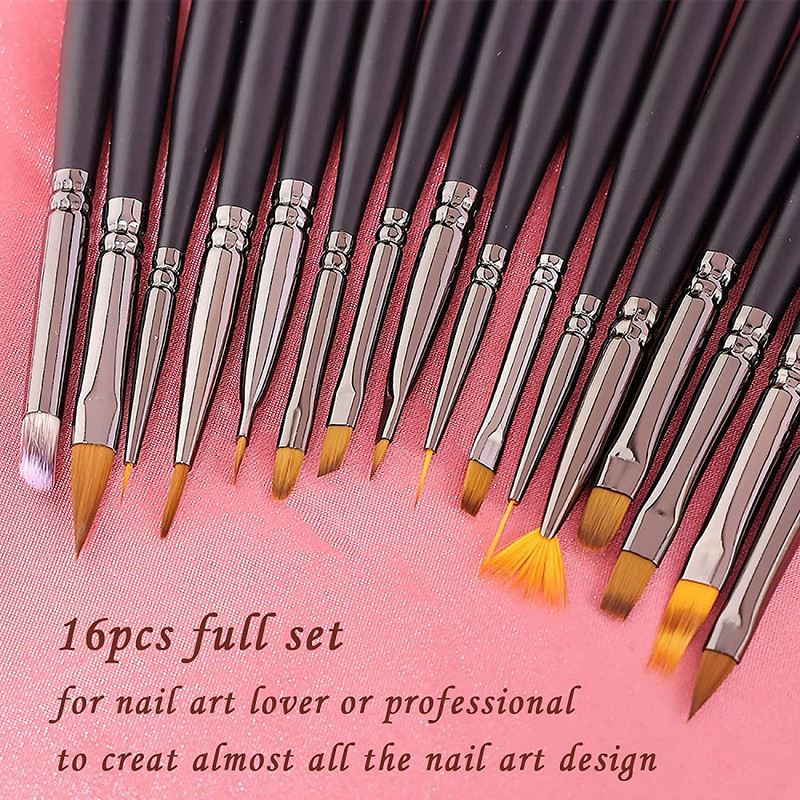 Set de 16 bucăți profesionale perii pentru arta unghiilor, perii acrilice pentru pictură 3D, cu carcasă, pixuri cu gel UV pentru desenul de linii, instrument de manichiură pentru designul unghiilor