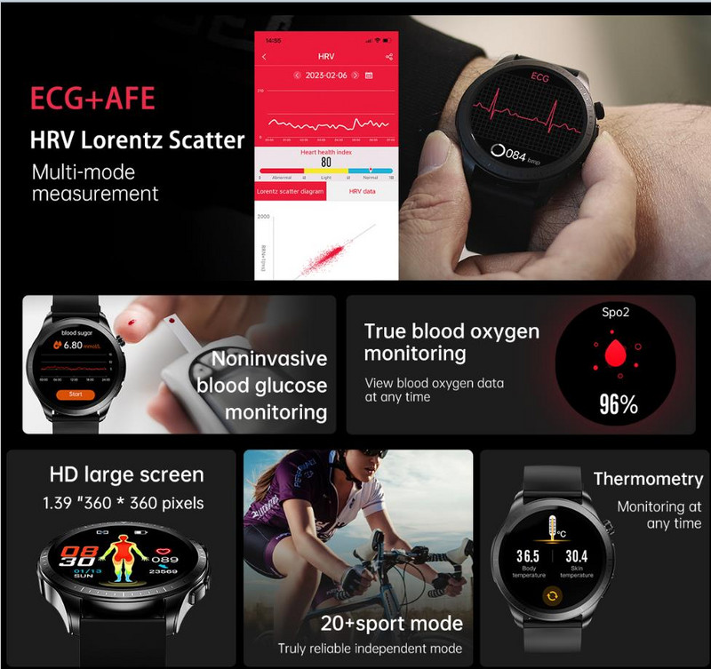 2023Νέο IP68 Αδιάβροχο ΗΚΓ PPG Μη επεμβατική γλυκόζη αίματος Οξυγόνο καρδιακού ρυθμού αρτηριακής πίεσης J Health Monitoring Smart Watch