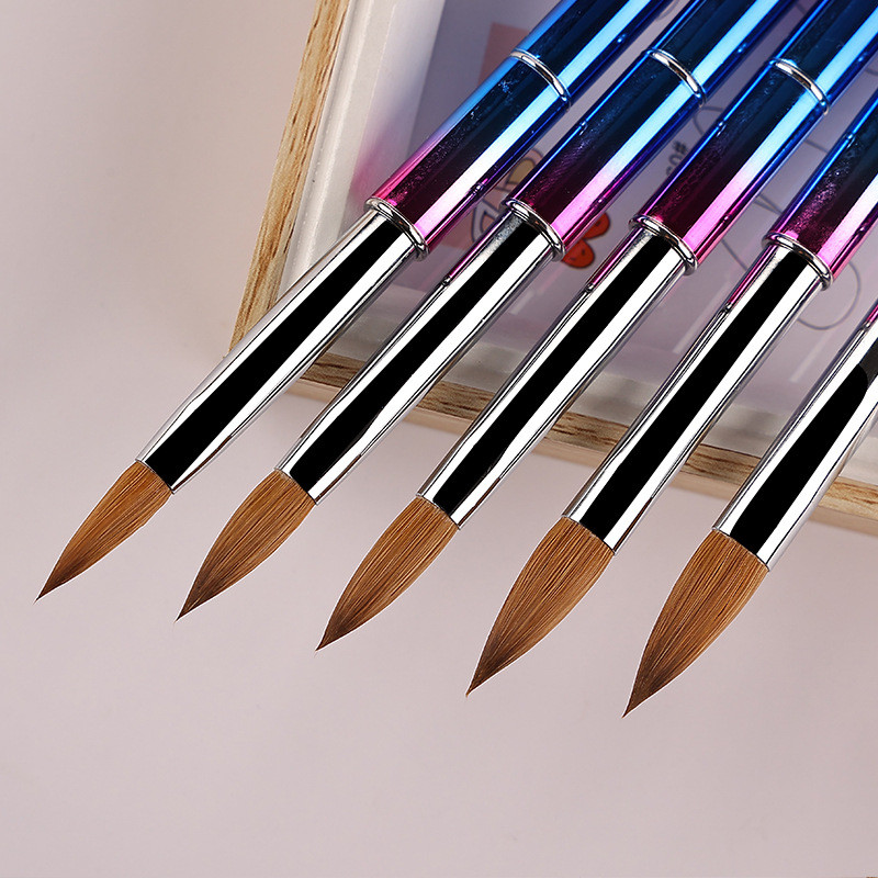 Curcubeu Metal Kolinsky Sable Perie acrilice pentru unghii Penie pentru sculptură cu gel UV Pudră lichidă Perie pentru desenul unghiilor DIY