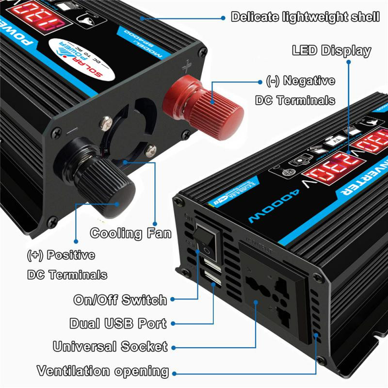 Automobilio inverteris 12V 220V galia 4000W keitiklis 2 USB EU lizdas Webasto 12 voltų automatinis inversorius 12v 220 V transformatorius saulės energijos inverteriai