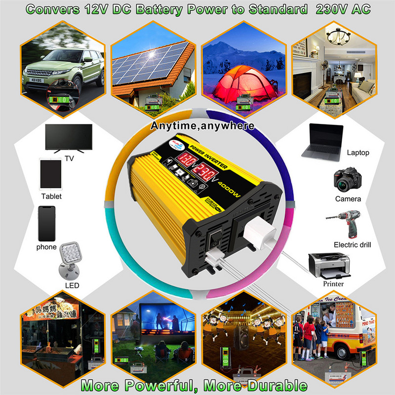 4000W Invertor de putere pentru mașină Afișaj LED de tensiune 12V la AC 220V 110V Adaptor convertizor USB dublu Invertor auto cu undă sinusoidală modificată