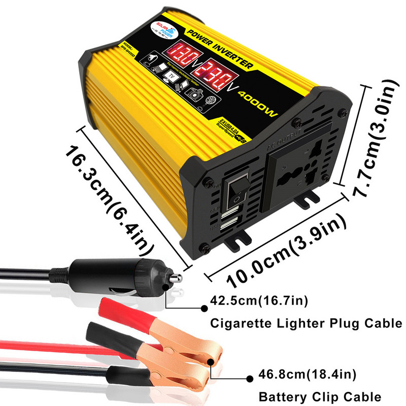 4000W Invertor de putere pentru mașină Afișaj LED de tensiune 12V la AC 220V 110V Adaptor convertizor USB dublu Invertor auto cu undă sinusoidală modificată