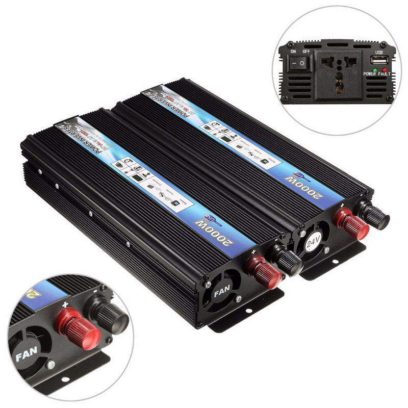 Invertor de mașină 24V 220V Convertor de putere 2000W pentru sistem solar/panou solar/acasă/în aer liber/RV/camping Wave power inverter