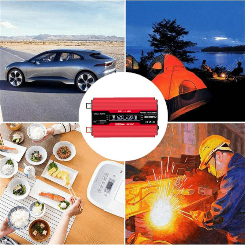 4000 W saulės automobilio maitinimo keitiklis DC 12V į AC 220V/110V Automobilinis adapteris Automobilinis keitiklis su 2,4A 2 prievadu su išmaniu LCD ekranu
