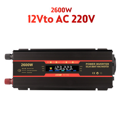 Transformátor do auta, konvertor do EÚ zásuvky 1500W/2000W/2600W, modifikovaný sínusový LCD displej, menič napájania DC 12V na AC 220V, solárny, 2 USB