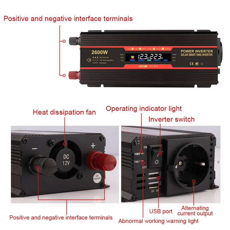Transformátor do auta, konvertor do EÚ zásuvky 1500W/2000W/2600W, modifikovaný sínusový LCD displej, menič napájania DC 12V na AC 220V, solárny, 2 USB