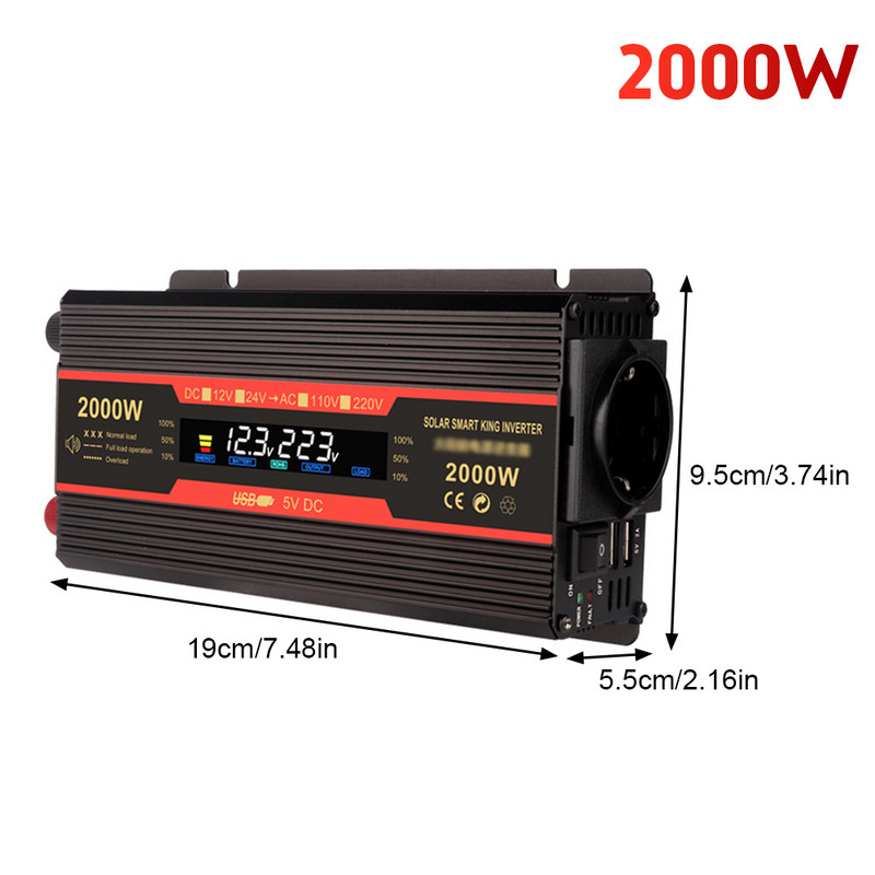 Transformátor do auta, konvertor do EÚ zásuvky 1500W/2000W/2600W, modifikovaný sínusový LCD displej, menič napájania DC 12V na AC 220V, solárny, 2 USB