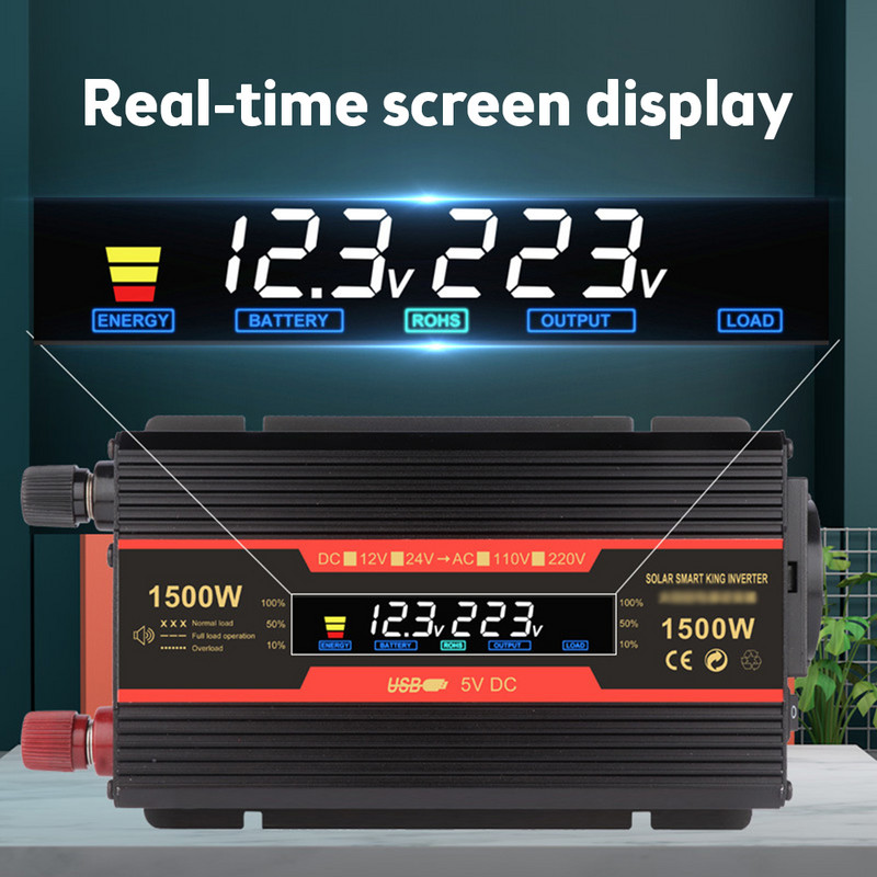Transformátor do auta, konvertor do EÚ zásuvky 1500W/2000W/2600W, modifikovaný sínusový LCD displej, menič napájania DC 12V na AC 220V, solárny, 2 USB
