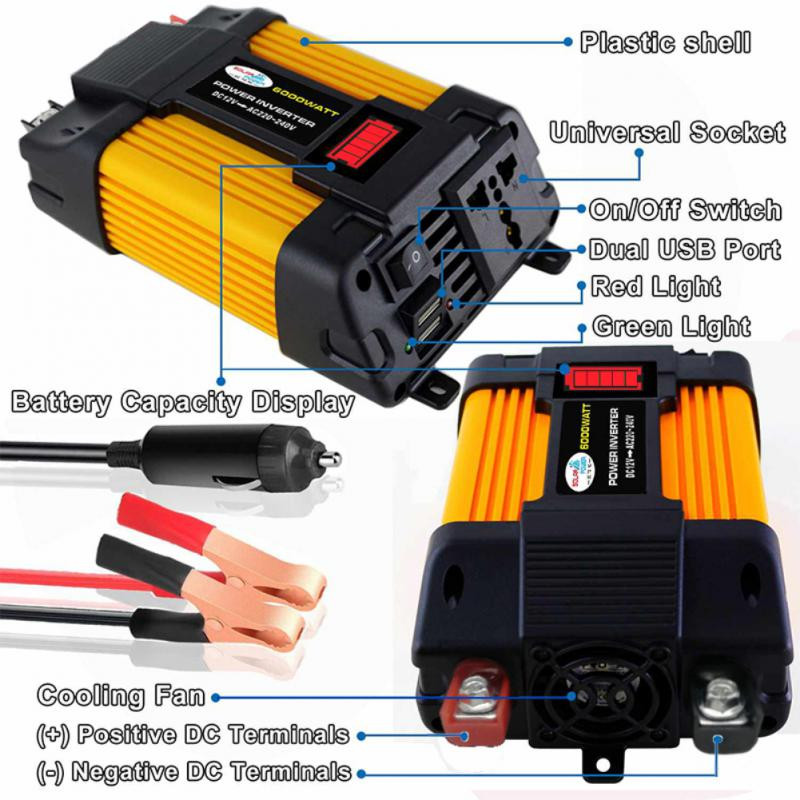 4000W/6000W Invertor de putere auto LED Capacitate de tensiune Afișare Transformator Convertor 12V la 110V/220V Invertoare pentru mașină Electronică auto