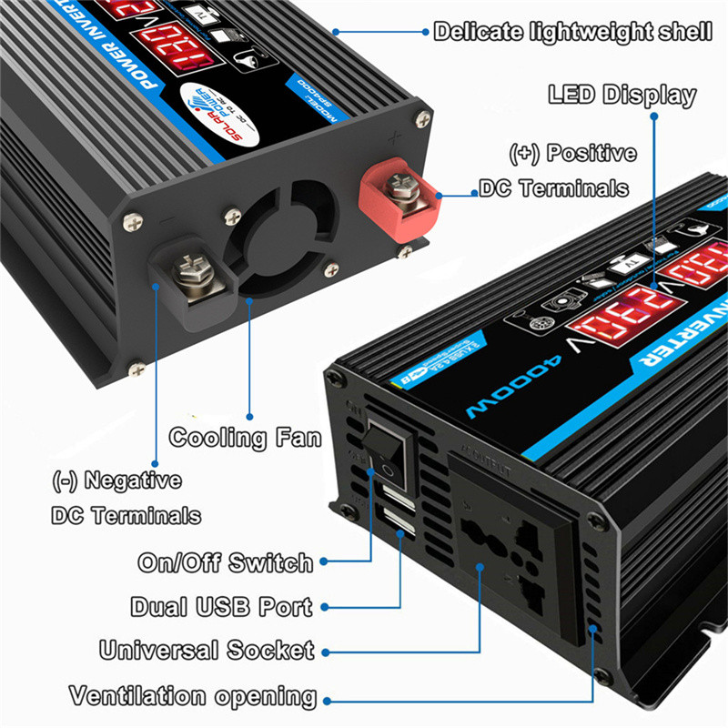 Convertor invertor de putere auto 4000W 12V la 220V/110V Adaptor pentru încărcător invertor LED Transformator de tensiune USB dublu Undă sinusoidală modificată