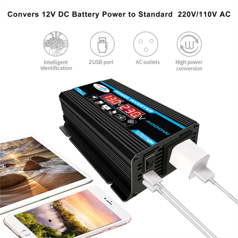 Convertor invertor de putere auto 4000W 12V la 220V/110V Adaptor pentru încărcător invertor LED Transformator de tensiune USB dublu Undă sinusoidală modificată