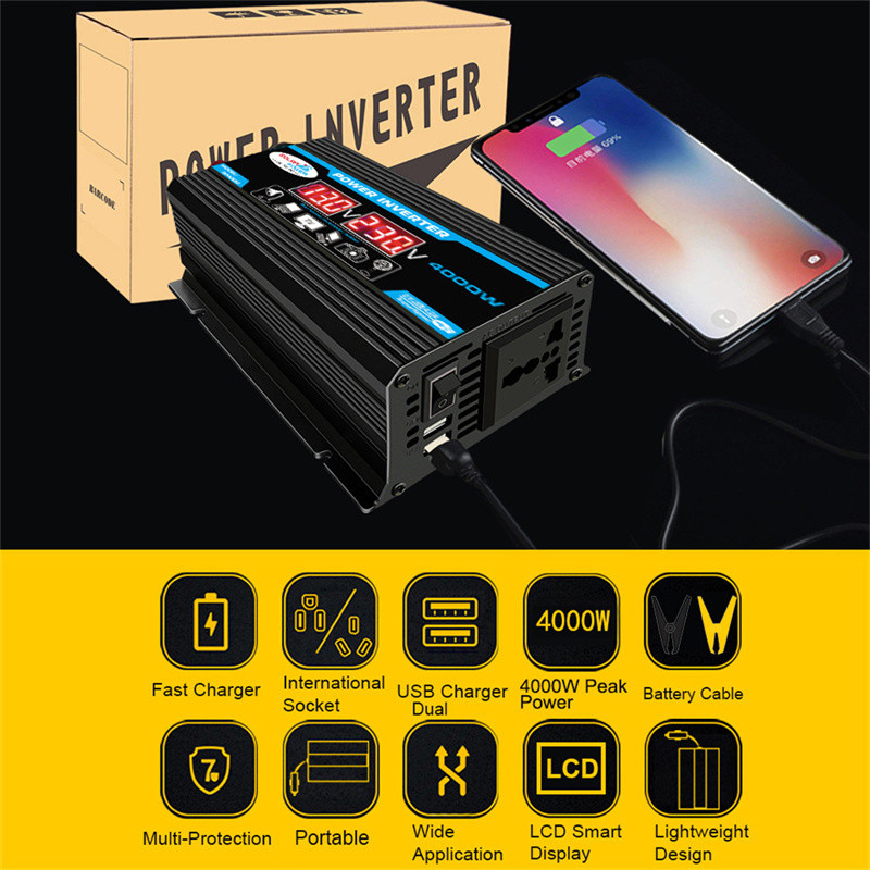 Convertor invertor de putere auto 4000W 12V la 220V/110V Adaptor pentru încărcător invertor LED Transformator de tensiune USB dublu Undă sinusoidală modificată