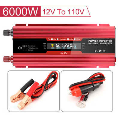 6000W автомобилен инвертор на захранване DC 12V към AC 110/220V преобразувател на мощност с LCD дисплей USB порт и AC контакт за домашно пътуване на открито