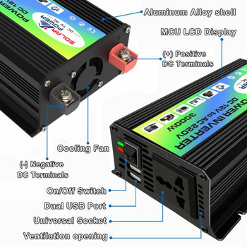 3000W пиков слънчев автомобилен инвертор DC 12V към AC 220V автомобилен адаптер автомобилен конвертор с 2.4A 2-портов USB автомобилен адаптер с LCD Intell