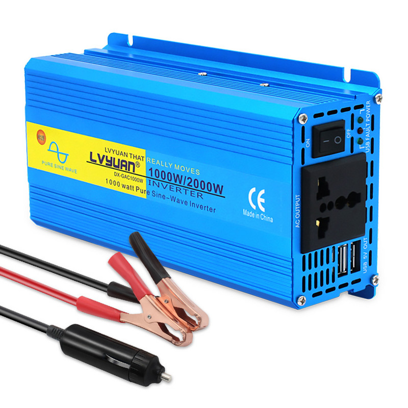 Tiszta szinuszhullámú autós inverter 2000W DC12V–AC 110V US aljzat töltőadapter napelemes transzformátor tápátalakító kettős USB kimenet