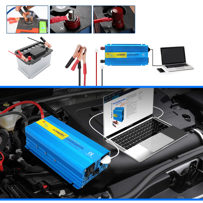 Tiszta szinuszhullámú autós inverter 2000W DC12V–AC 110V US aljzat töltőadapter napelemes transzformátor tápátalakító kettős USB kimenet
