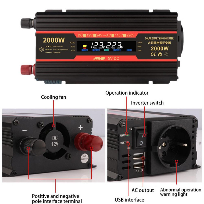 Invertor de putere cu priză UE 12 V 220 V Invertor cu undă sinusoidală 12 V la 220 Convertor DC la AC Kit regulator de tensiune Inversor Tranfarmer