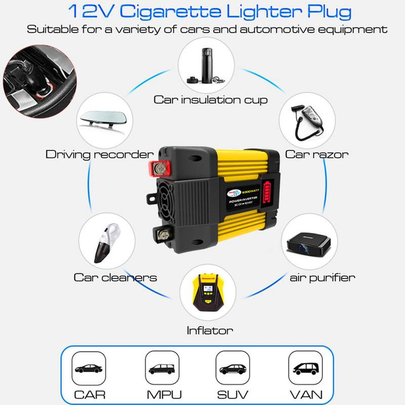 Inverter za automobil Inverter za vozilo s priključkom za upaljač za baterije Stezaljke za baterije USB priključci Auto punjač Digitalni zaslon za automobil