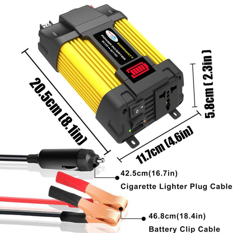 Inverter za automobil Inverter za vozilo s priključkom za upaljač za baterije Stezaljke za baterije USB priključci Auto punjač Digitalni zaslon za automobil