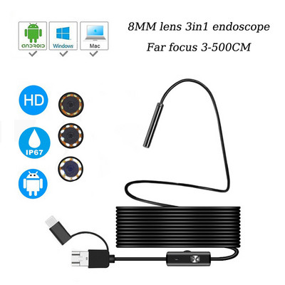 8 mm-es telefotó endoszkópos kamera MINI HD 2 megapixeles objektív ipari endoszkópos IP67 vízálló horgászboroszkóp 3 az 1-ben C típusú Android Mac
