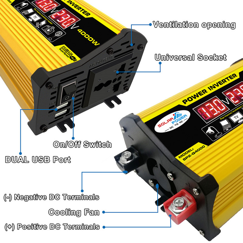 Automobilski pretvarač napajanja DC 12V u AC 110 220V Dual USB adapter za automobil 4000W Peak modificirani sinusni val Inverter Dodaci za automobile