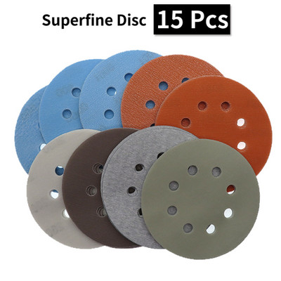 15 buc. Discuri de șlefuit cu cârlig și buclă, 5 inchi, 125 mm, 8 găuri, moale, superfină, umedă/uscata, film pentru caroserie, vopsea, hârtie abrazivă, granulație 60-5000