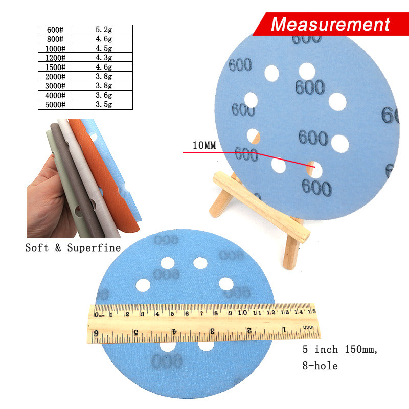 15 БР. 5-инчов 125 мм 8-дупков мек супер фин мокър/сух кука и примка Автоматично фолио за тяло Шлифовъчни дискове Боя Абразивна шкурка 60-5000 песъчинки