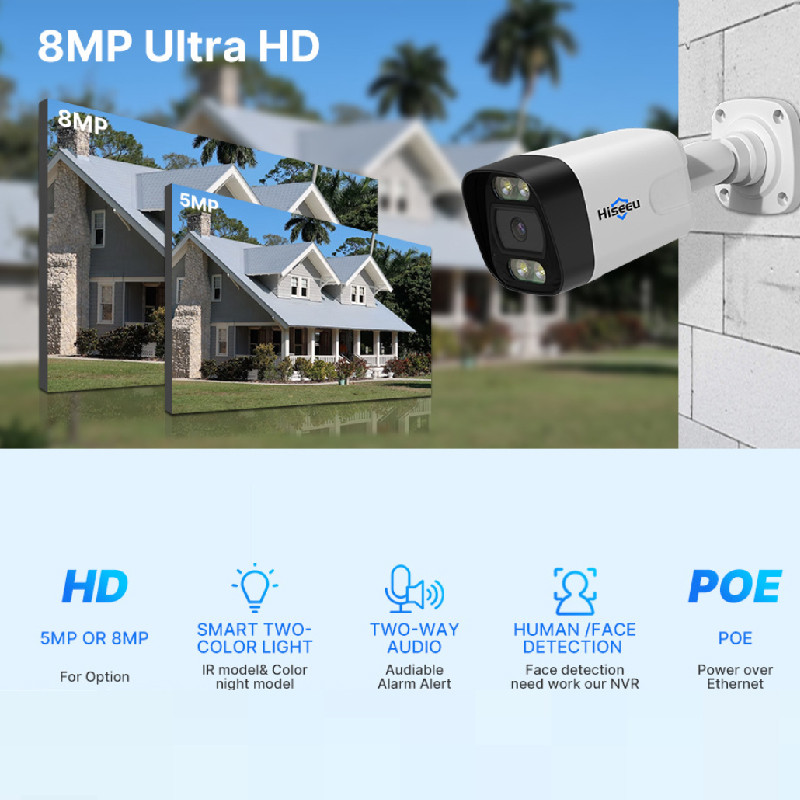 Hiseeu 2023 UUS 4K 8MP POE IP-kaamera helisalvestus CCTV turvavalvekaamera veekindel IP66 välistingimustes koduvideo H.265