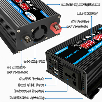 4000W 12V до 220V/110V LED инвертор на захранване за кола Преобразувател Адаптер за зарядно устройство Семеен двоен USB трансформатор на напрежение Модифицирана синусова вълна
