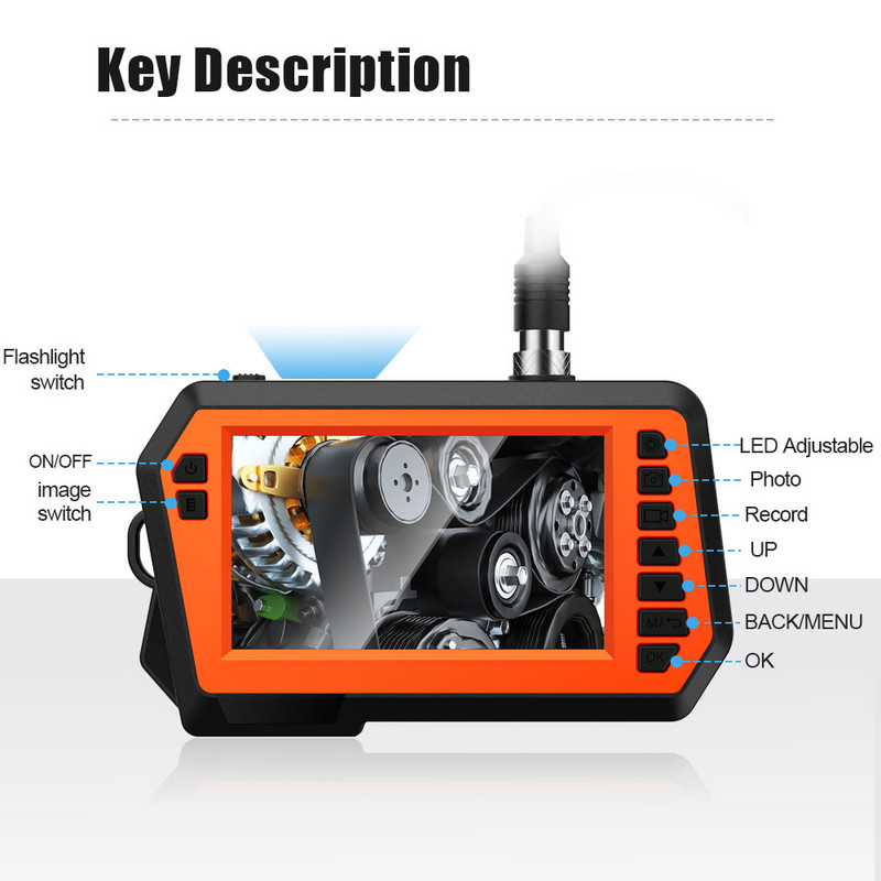 Βιομηχανικό ενδοσκόπιο διπλού φακού 4,3" 1080P Ψηφιακή κάμερα επιθεώρησης borescope με αδιάβροχη κάμερα αποχέτευσης IP67 8mm