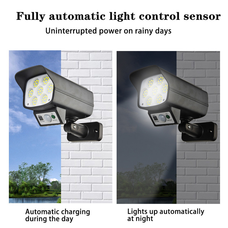 Lampă solară COB Senzor de mișcare Cameră simulată de securitate Lumină de inundație fără fir pentru exterior IP65 Lampă LED rezistentă la apă pentru grădină