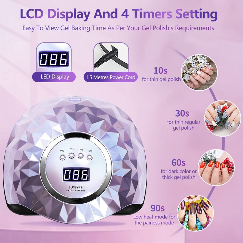 Lampă UV de uscare a unghiilor cu 60 LED pentru uscare rapidă cu gel pentru oje Lampă LED pentru unghii Uscător de unghii cu senzor inteligent în 4 moduri pentru întărirea tuturor tipurilor de gel de unghii