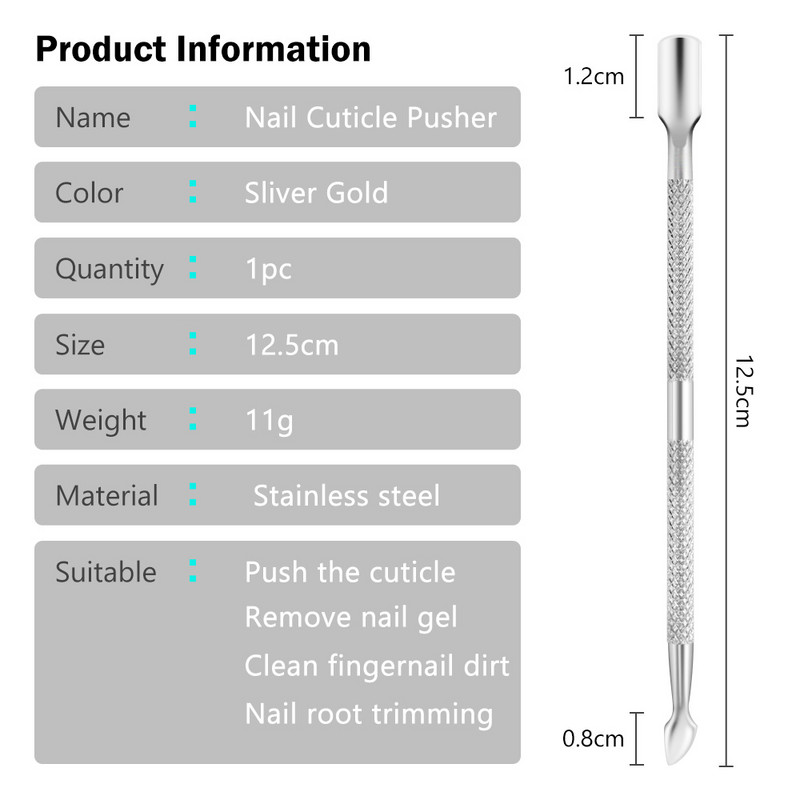 Dispozitiv de împingere a cuticulelor din oțel inoxidabil cu două capete Dispozitiv de îndepărtare a împingerii pielii moarte pentru pedichiură, manichiură, instrument de curățare a unghiilor