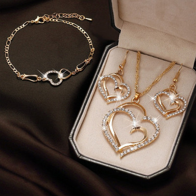 Set de 3 bucăți de inimă de modă europeană și americană, colier, cercei, brățară, elegantă, mireasă, doamne, cină de nuntă, set de bijuterii, cadouri