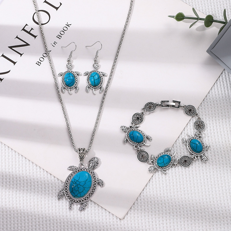 Set de broasca testoasa turcoaz nou moda pentru femei bijuterii vintage colier din trei piese, bratara, cercei, bijuterii cadou pentru petrecerea de nunta