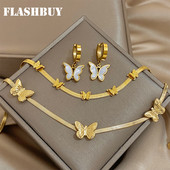 FLASHBUY Seturi de bijuterii cu lanț de șarpe fluture din oțel inoxidabil 316 de culoare aurie pentru femei, colier, brățări, cercei, cadou de petrecere