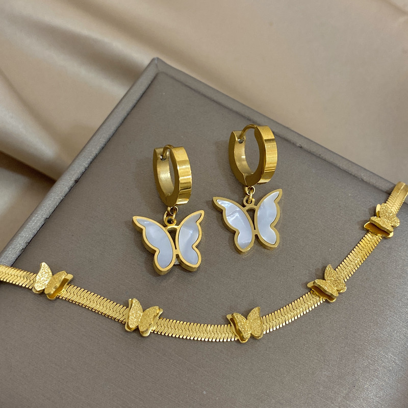 FLASHBUY Seturi de bijuterii cu lanț de șarpe fluture din oțel inoxidabil 316 de culoare aurie pentru femei, colier, brățări, cercei, cadou de petrecere