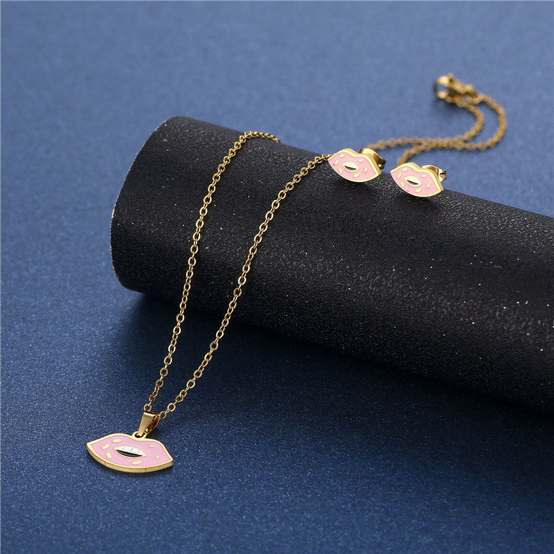 316L farmec din oțel inoxidabil roz buze pandantiv colier cercei set de bijuterii femei drăguț geomertic picurare ulei colier bijuterii cadou