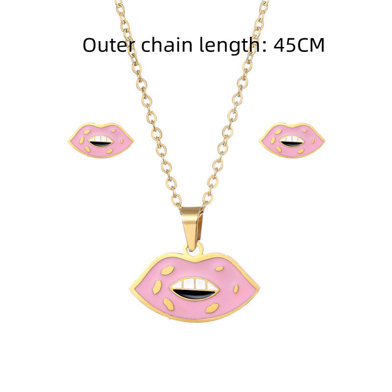 316L farmec din oțel inoxidabil roz buze pandantiv colier cercei set de bijuterii femei drăguț geomertic picurare ulei colier bijuterii cadou