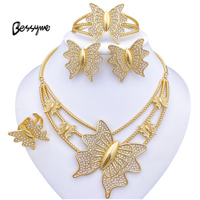 Dubai Inimă Fluture Zircon Seturi de bijuterii Colier Cercei Inel Brățară Pentru Nunta Mireasă Femei Mărgele Set de bijuterii placate cu aur